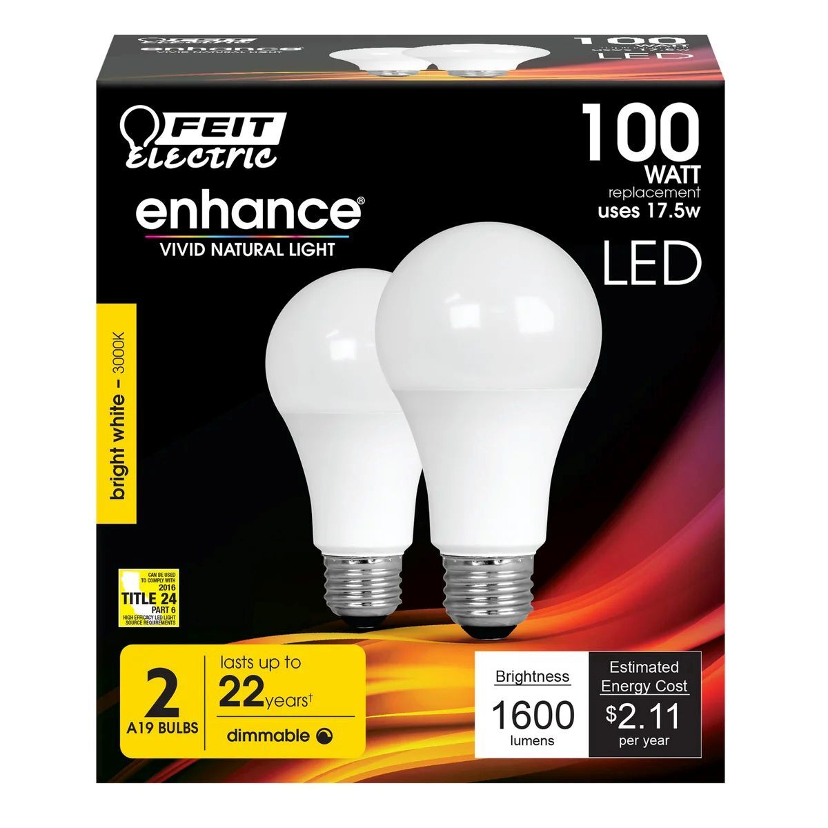 Feit Electric 17.5W Warm White A19 Dimmable Enhance LED Lights, 2-Pk
