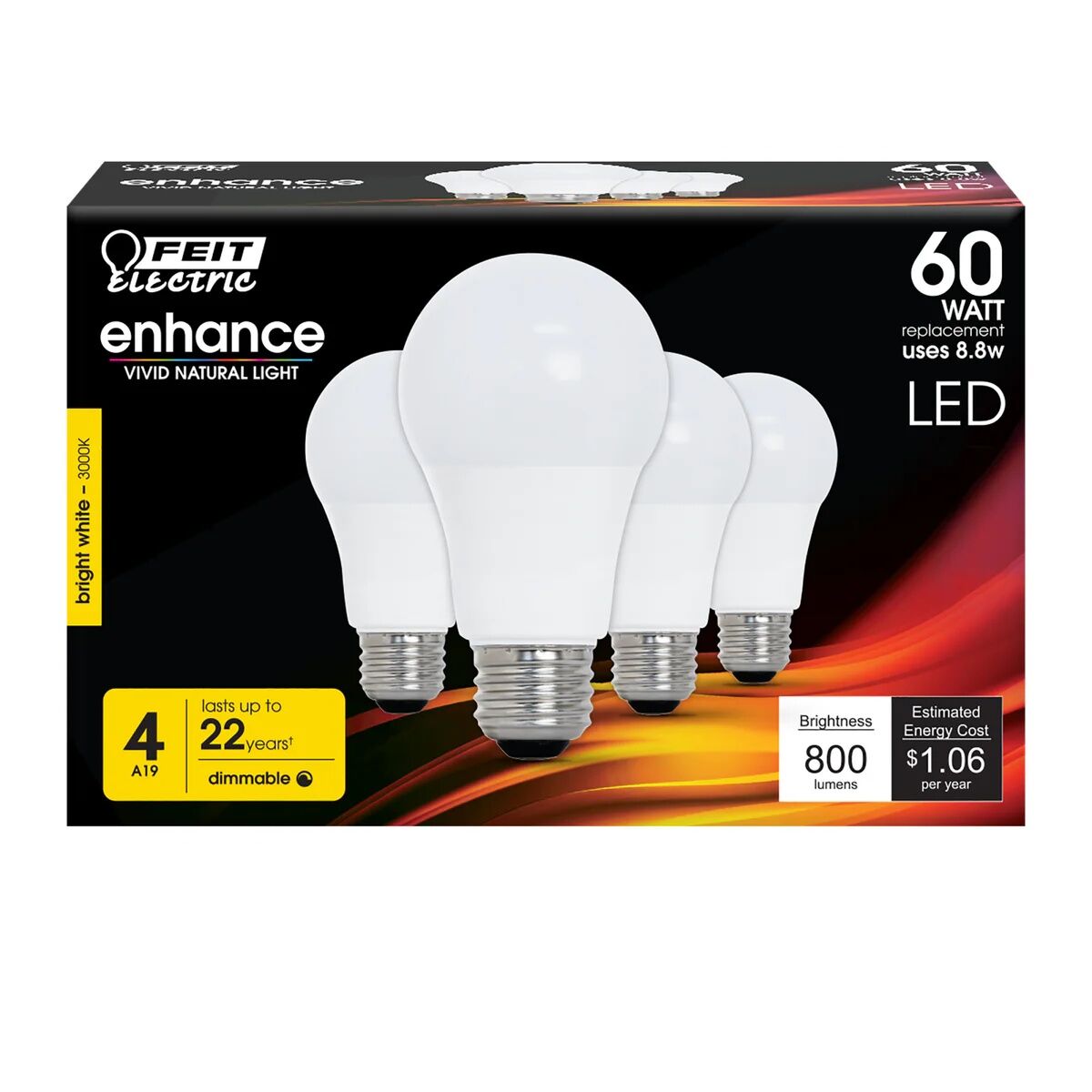 Feit Electric Bright White E26 Base A19 Dimmable enhance LED Light Bulb, 60-W, 4-Pk