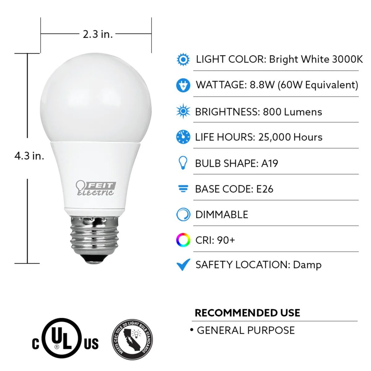 Feit Electric Bright White E26 Base A19 Dimmable Enhance LED Light Bulb, 60-W, 4-Pk