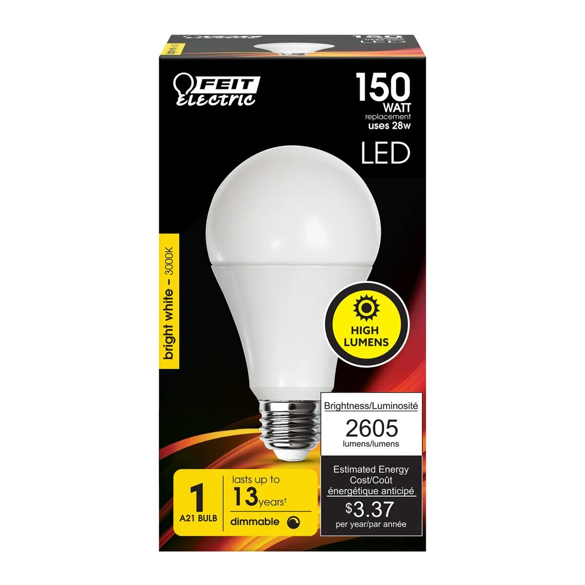 Feit Electric Bright White A21 E26 Base Dimmable LED Light Bulb, 150-W