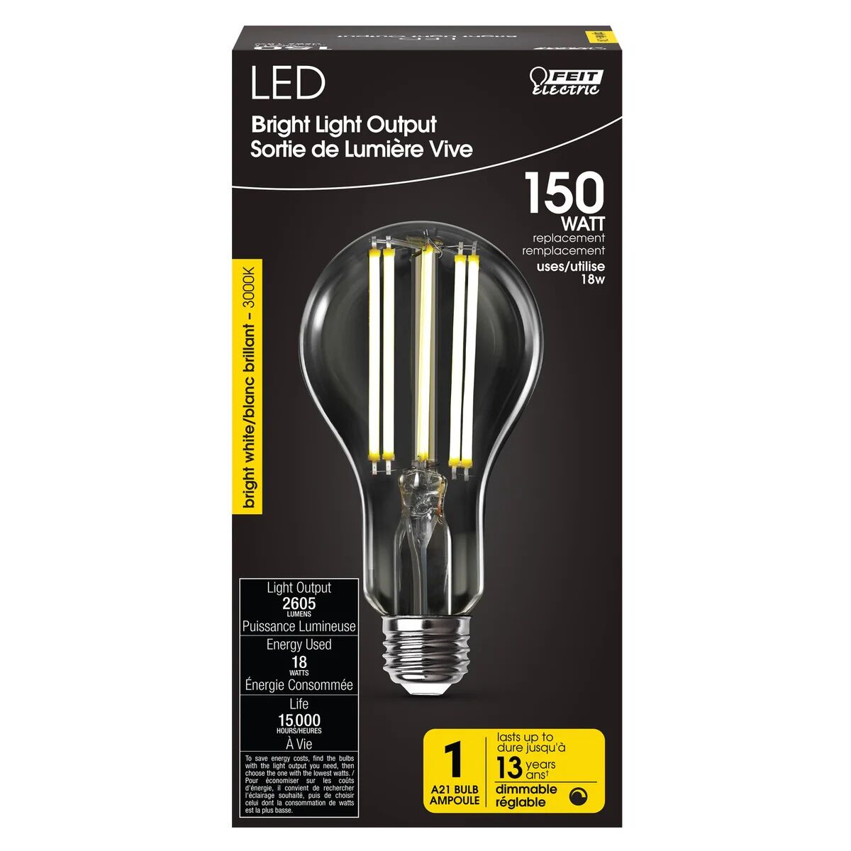 Feit Electric Bright White A21 E26 Base Dimmable LED Filament Light Bulb, 150-W