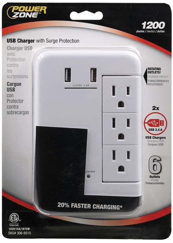 PowerZone 6-Outlet/2-USB Port White Charger With Surge Protection, 15 Amps, 125-V, 1200-J
