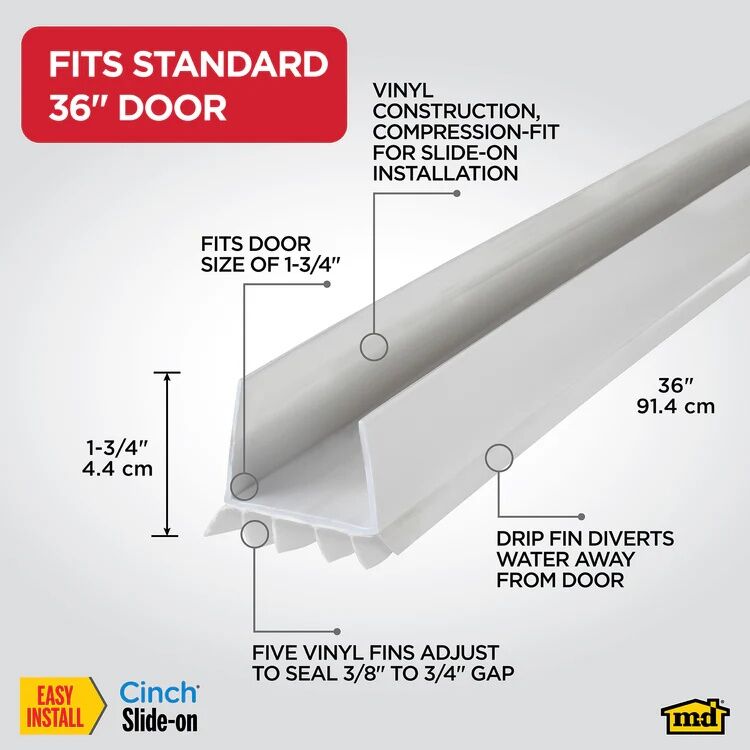 M-D Building Products White Vinyl Cinch U-Shape Slide-On Under Door Seal, 2-In x 1 3/4-In x 36-In