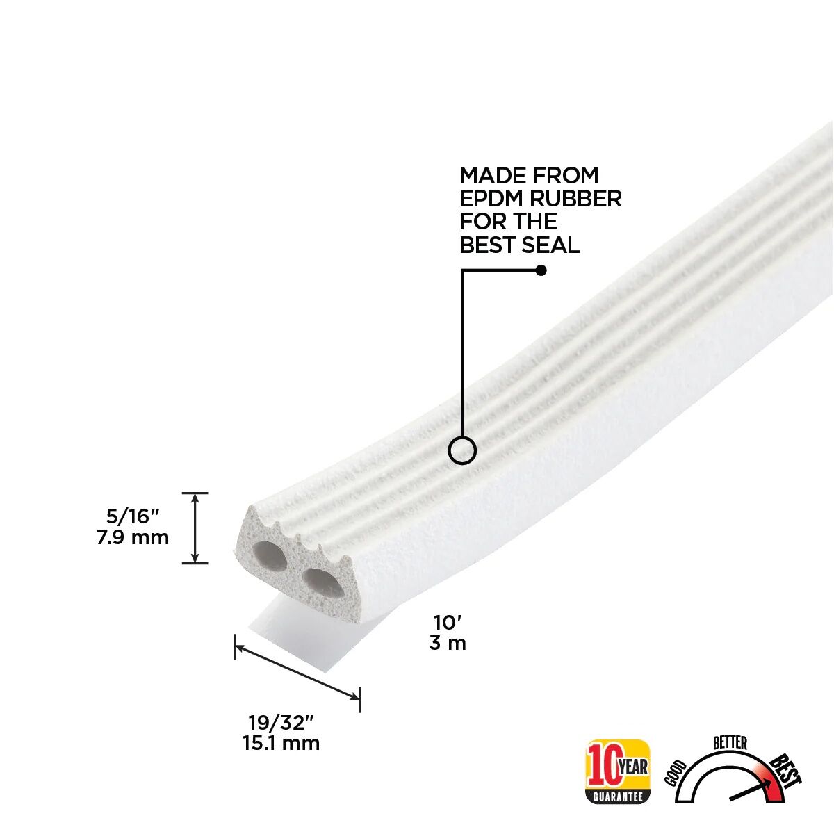 M-D Building Products white Premium Rubber Window Seal For Medium Gaps, 5/16-In x 19/32-In x 10-Ft