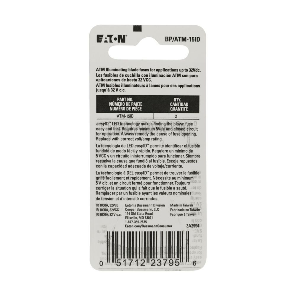 Eaton Bussmann Series 15A ATM EasyID Blade Fuse, 2-Pk