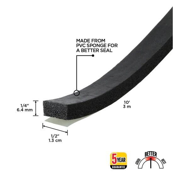M-D Building Products Black Sponge Window Seal For Gaps, 1/4-In x 1/2-In x 10-Ft