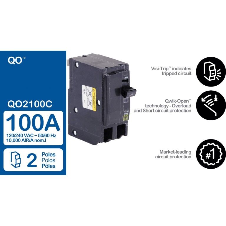 Square D QO Standard 2-Pole Mini Circuit Breaker, 100-A, 120-V/240-V AC