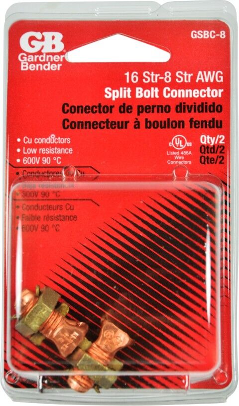 Gardner Bender Copper Split Bolt Connector, 16-20 Gauge Stranded/16-8 Gauge Solid, 2-Pk