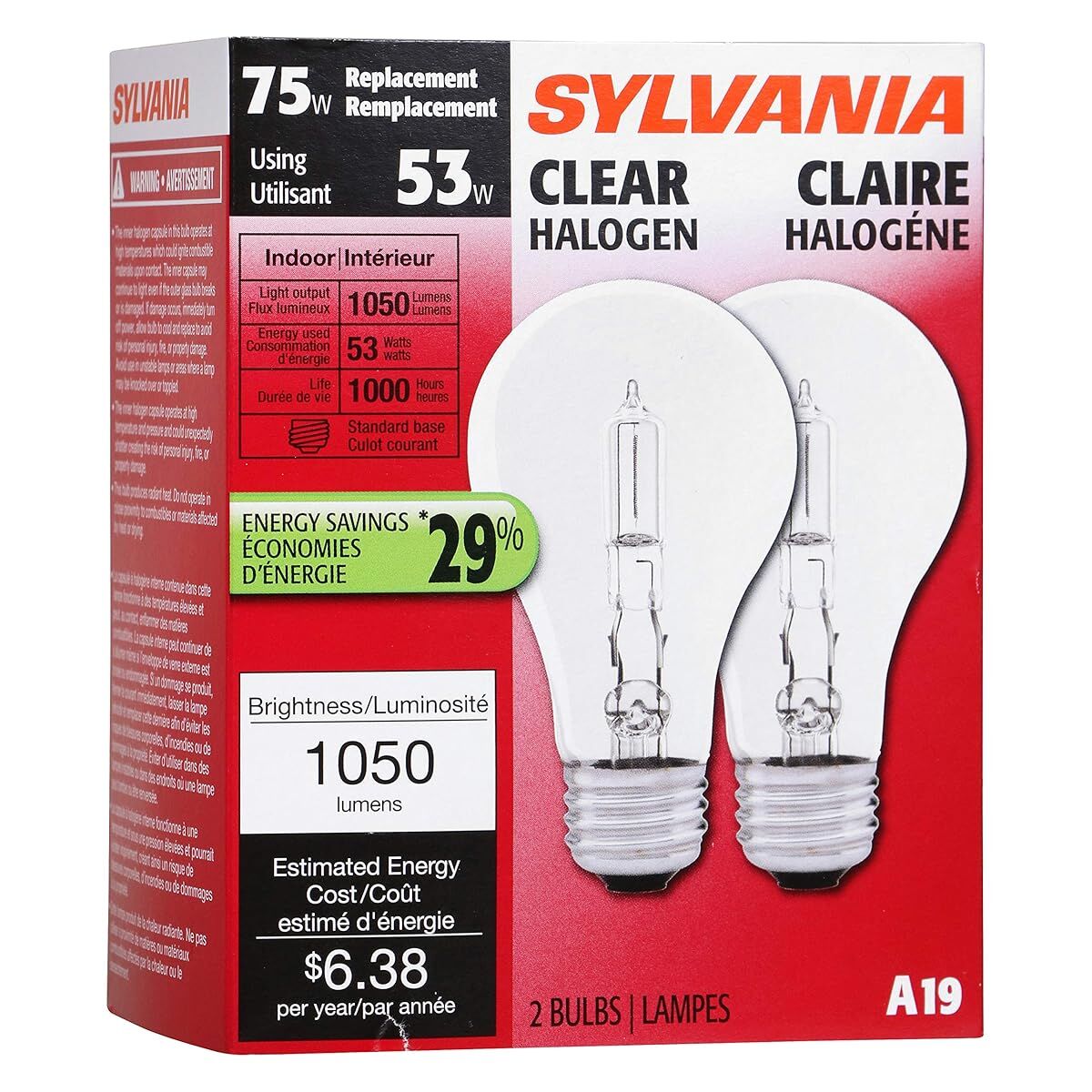 Sylvania A19 53 Watt Warm White Halogen Light Bulb, 2-Pk