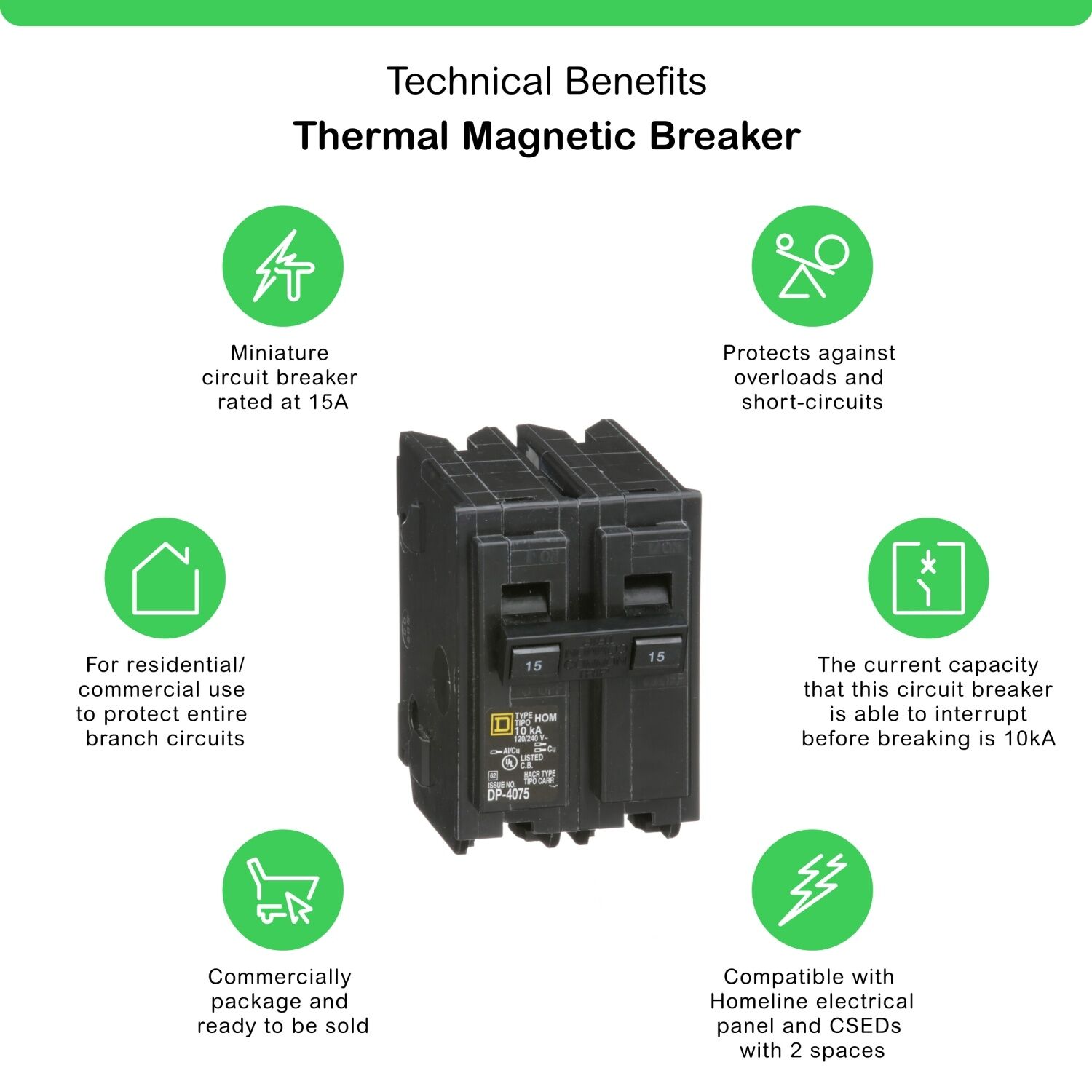 Square D Homeline Standard 2-Pole Mini Circuit Breaker, 15-A, 120-V/240-V AC