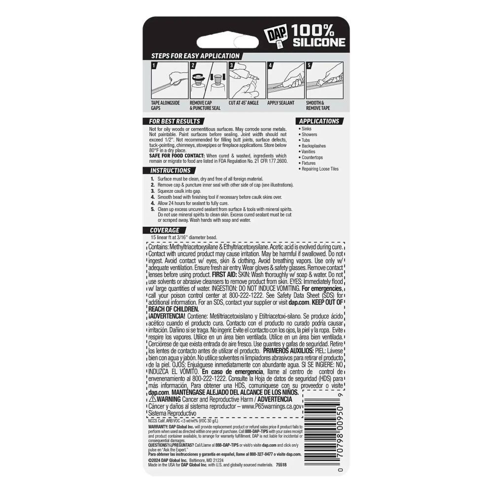 DAP 100% Silicone Rubber Kitchen, Bath & Plumbing Bath White Sealant