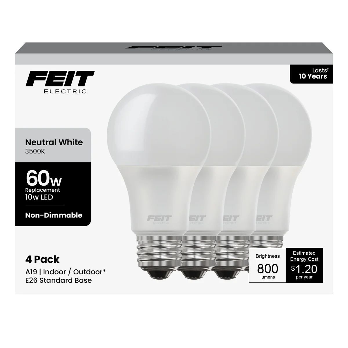 Feit Electric 10W Neutral White E26 Base A19 General Purpose LED Bulbs, 4-Pk