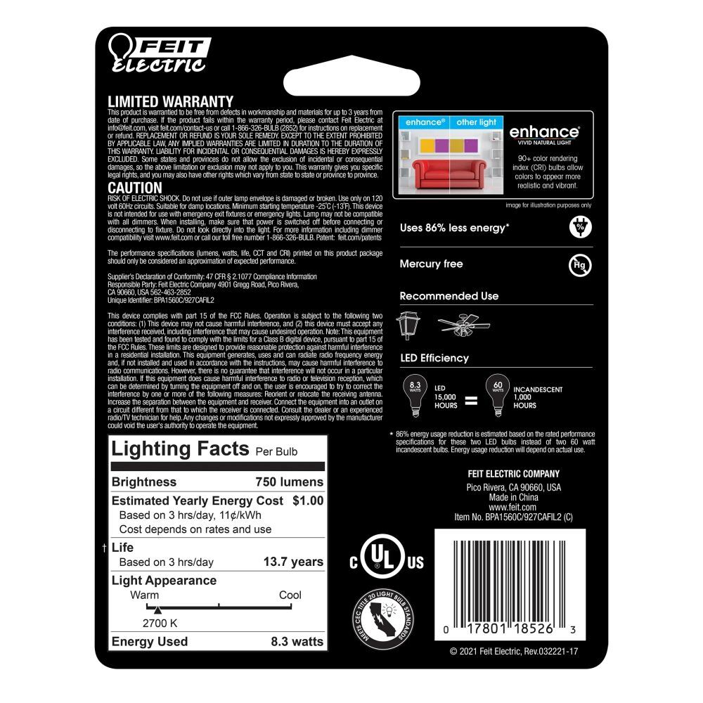 Feit Electric 8.3W Soft White A15 E12 Base Filament LED Lights, 2-Pk