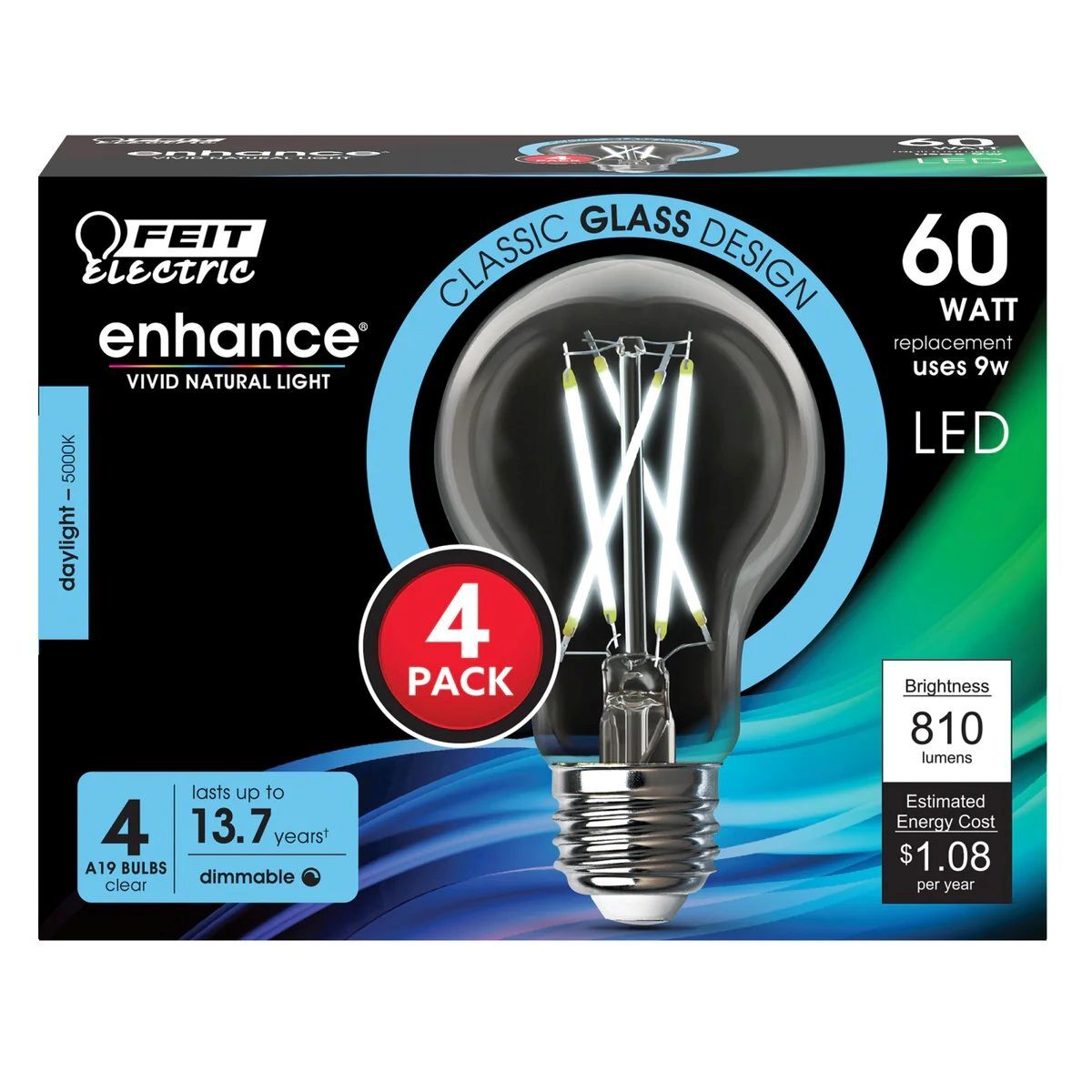 Feit Electric 9W Daylight A19 Shape Filament LED Light Bulb, 4-Pk