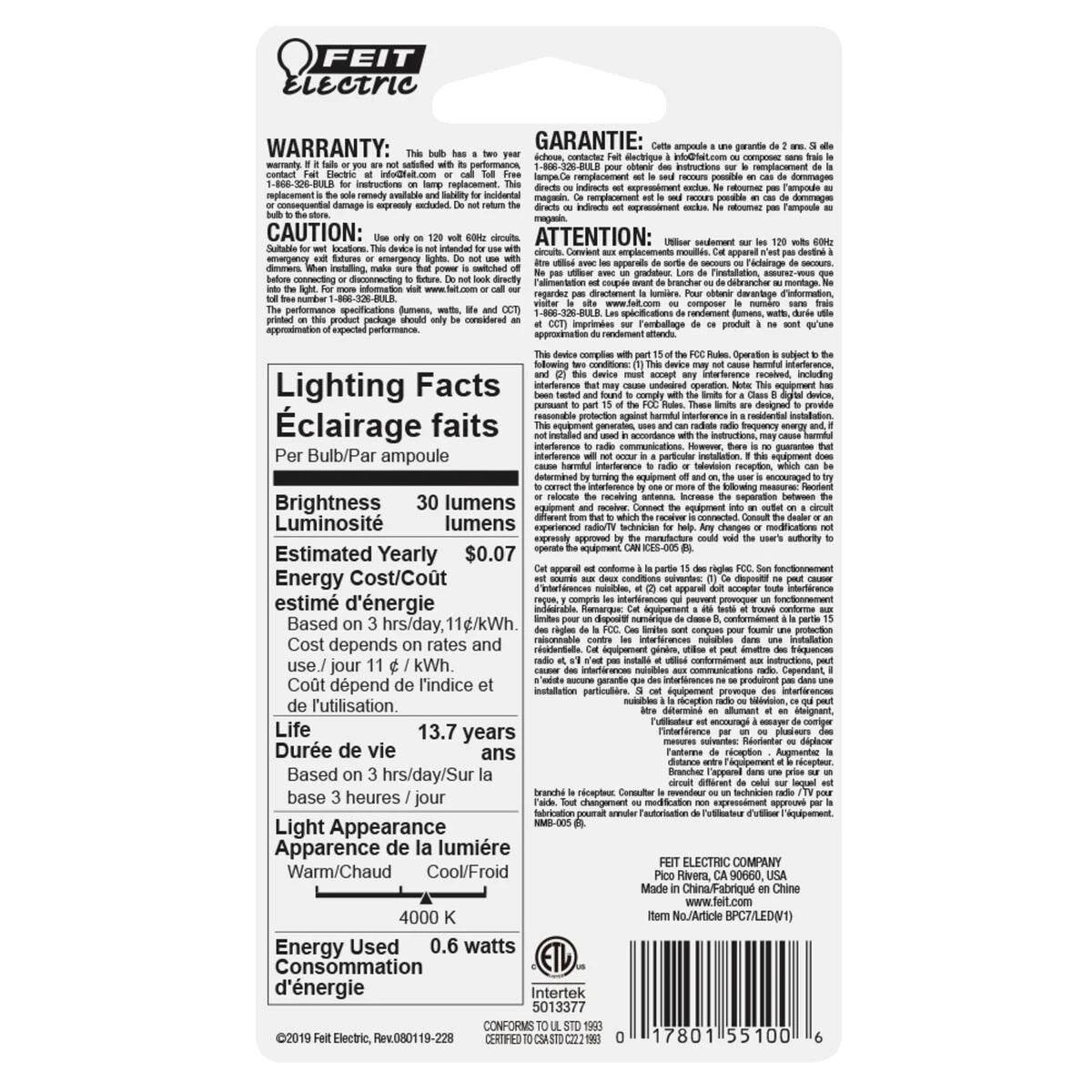 Feit Electric 0.6W Cool White E12 Base C7 Non-Dimmable LED Night Light Bulb, 2-Pk