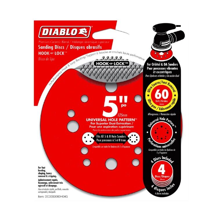 Diablo 60-Grit Hook & Lock ROS Sanding Discs, 5-In, 4-Pk