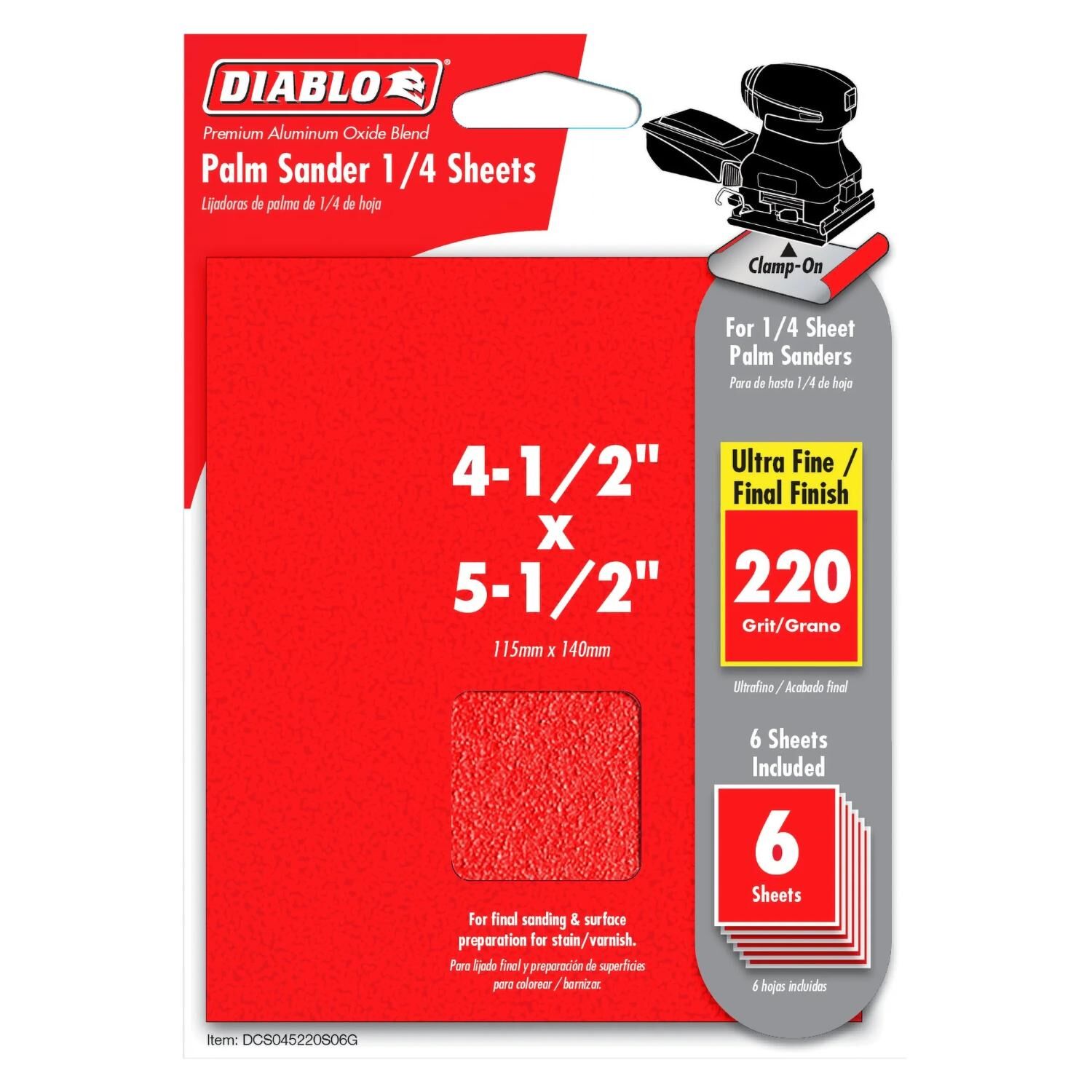 Diablo Tools 220-Grit Palm Sander 1/4 Sanding Sheets , 4-1/2-In x 5-1/2-In, 6-Pk