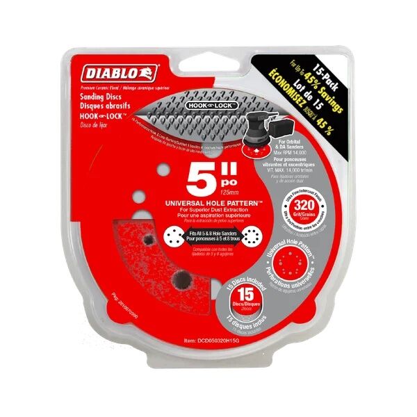 Diablo 320-Grit Hook & Lock ROS Sanding Discs, 5-In, 15-Pk