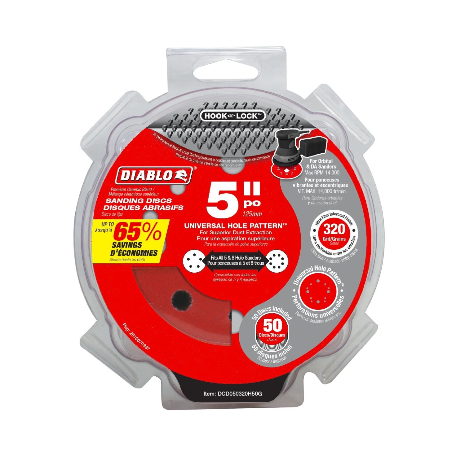 Diablo Tools 320-Grit Hook & Lock ROS Sanding Discs, 5-In, 50-Pk