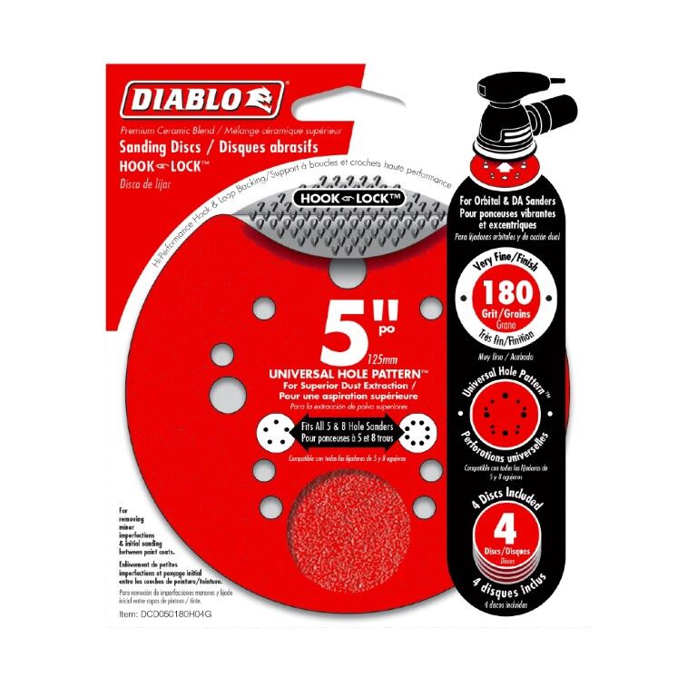 Diablo 180-Grit Hook & Lock ROS Sanding Discs, 5-In, 4-Pk