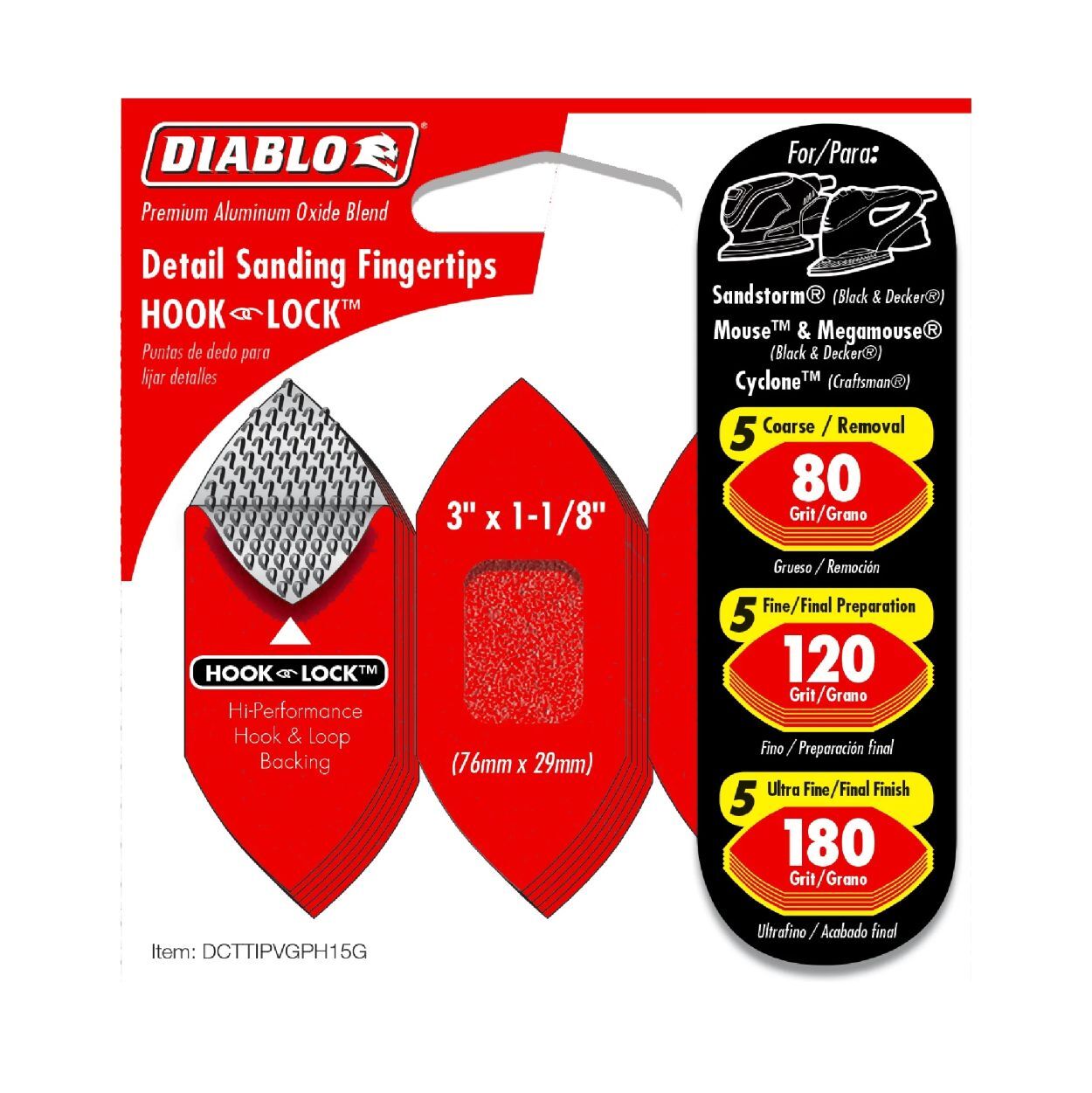 Diablo Tools 80/120/180-Grit Hook & Lock Fingertip Detail Sanding Sheets, 3-In x 1-1/8-In, 15-Pk