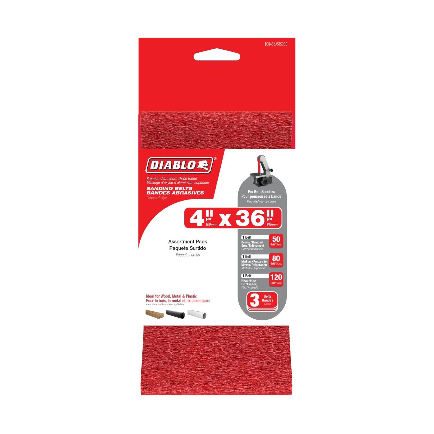 Diablo Tools 50/80/120 Grit Sanding Belts, 4-In x 36-In, 3-Pk