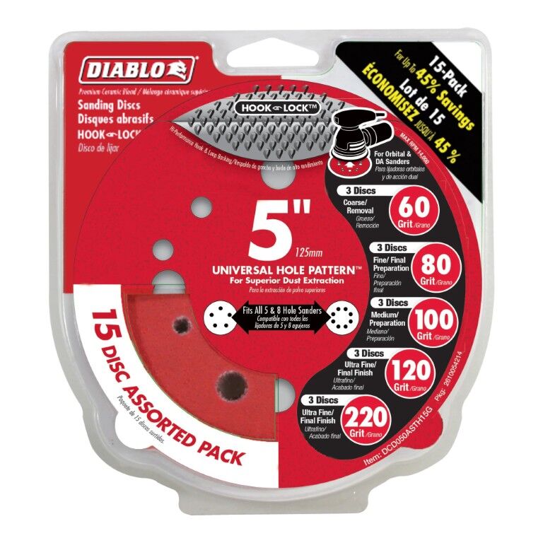 Diablo Multi-Grit Hook & Lock ROS Sanding Disc Set, 5-In, 15-Pk