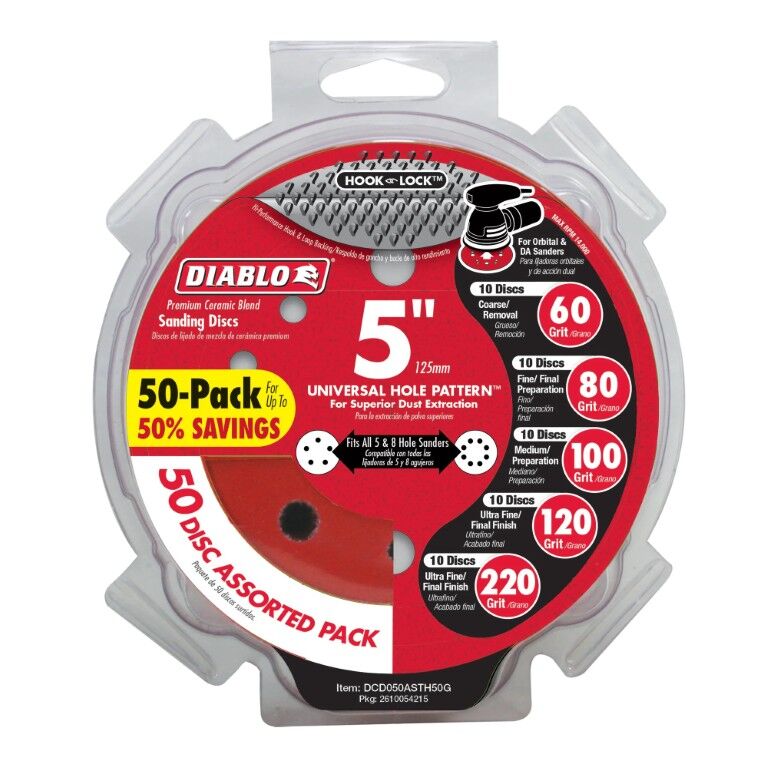 Diablo 60/80/100/120/200-Grit Assorted Hook & Lock ROS Sanding Discs, 5-In, 50-Pk