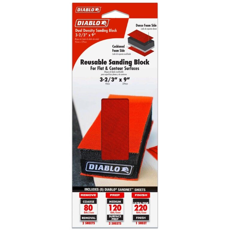 Diablo 80/120/220-Grit Reusable Hand Sanding Block, 3 2/3-In x 9-In