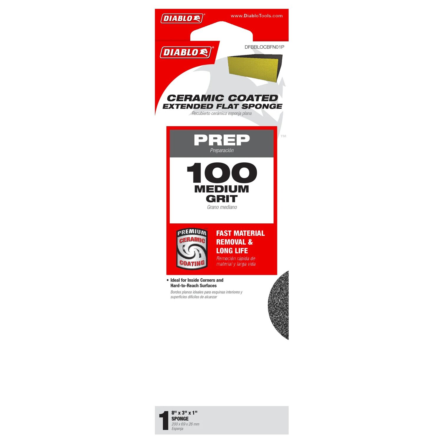 Diablo 100-Grit Extended Flat Edge Sanding Sponge, 1-In x 3-In x 8-In