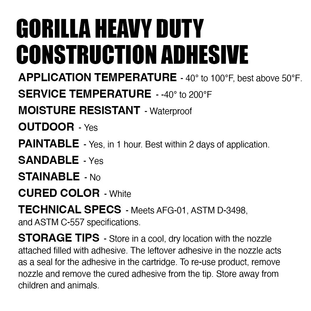 Gorilla Heavy Duty Construction Adhesive, 2.5-Oz