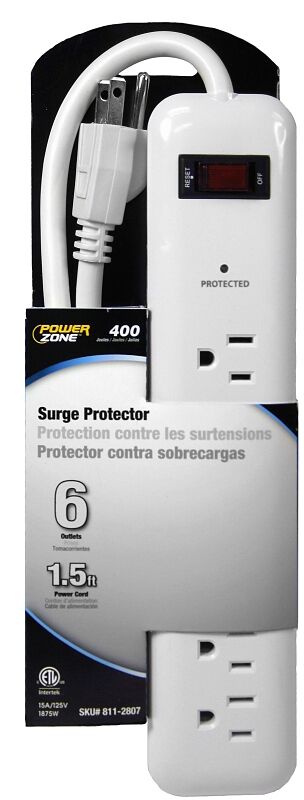 PowerZone White 6-Outlet Surge Protector Power Strip, 15-A, 125-V, 400-J, 1 1/2-Ft