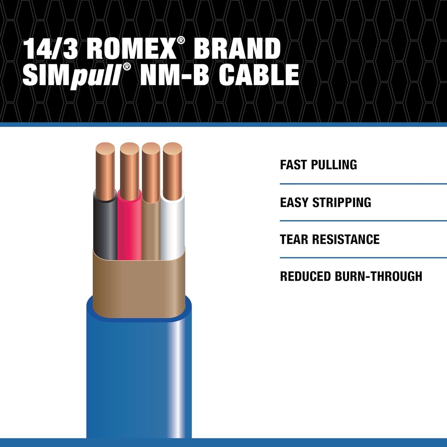 Southwire Romex SIMpull Blue NM-B Copper Cable 14 Gauge 3 Conductor Solid With Ground, 250-Ft