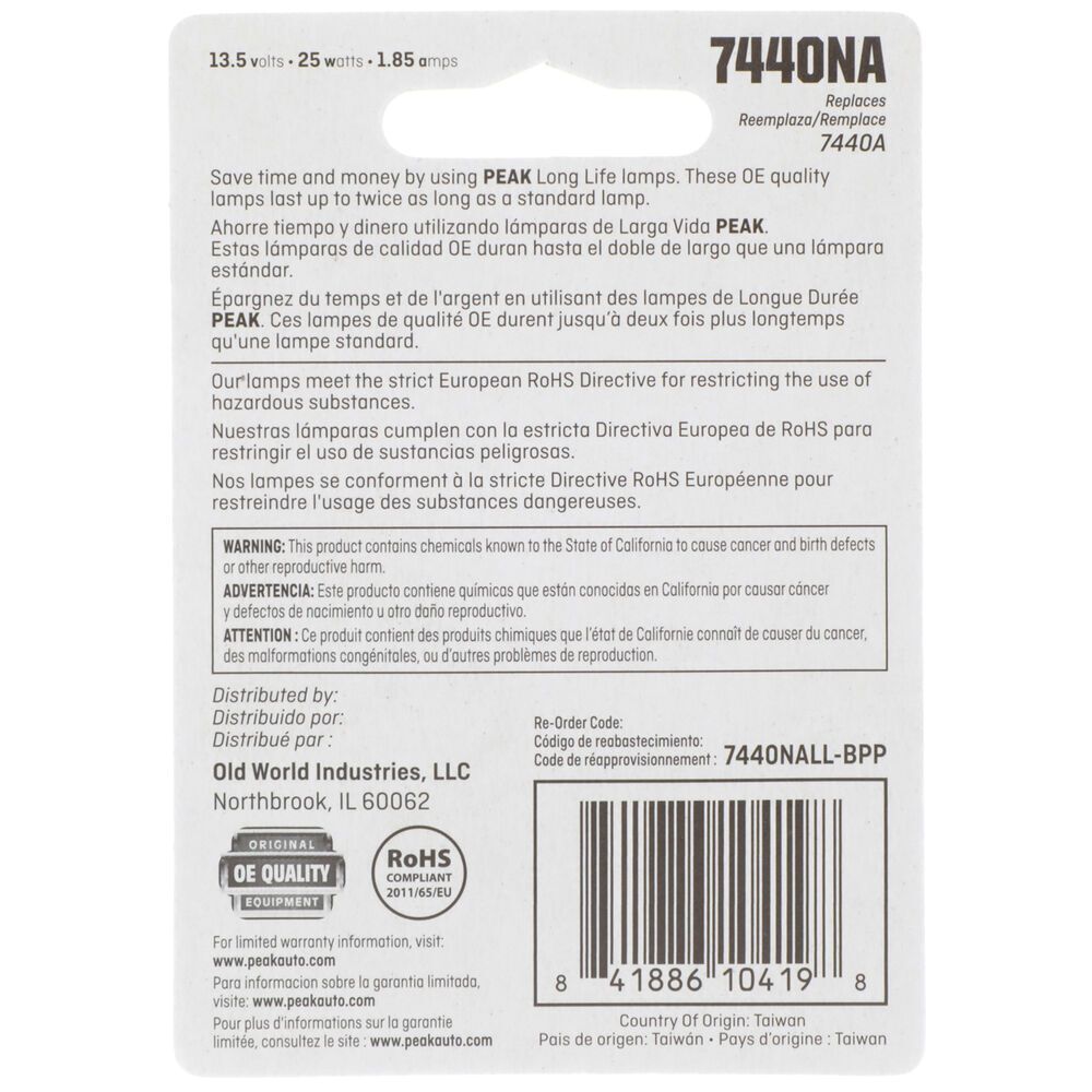 PEAK Long Life Automotive Miniature 7440NA Light Bulb, 2-Pk