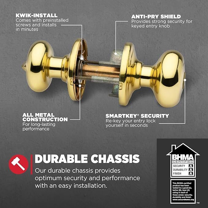 Kwikset Juno Brass Entry Door Knob with Lock and Key, 5 X 3-In