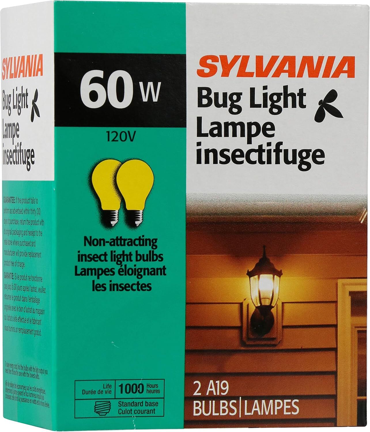Sylvania A19 60 Watt Yellow Incandescent Bug Light Bulb, 2-Pk