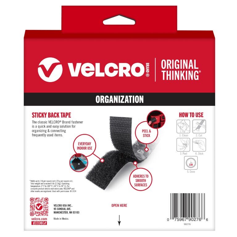 Velcro Brand Black Sticky Back Tape, 3/4-In X 15-In