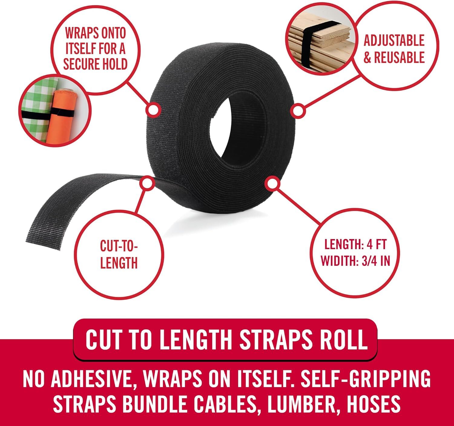 Velcro ONE-WRAP Heavy Duty Roll, 4-Ft X 3/4-In