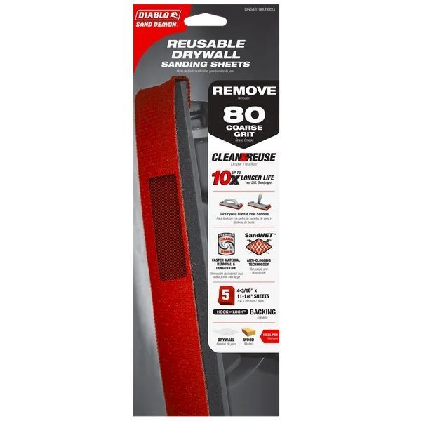Diablo Tools Sand Demon 80-Grit Reusable Sanding Sheets for Drywall, 4-3/16-In x 11-1/4-In, 5-Pk