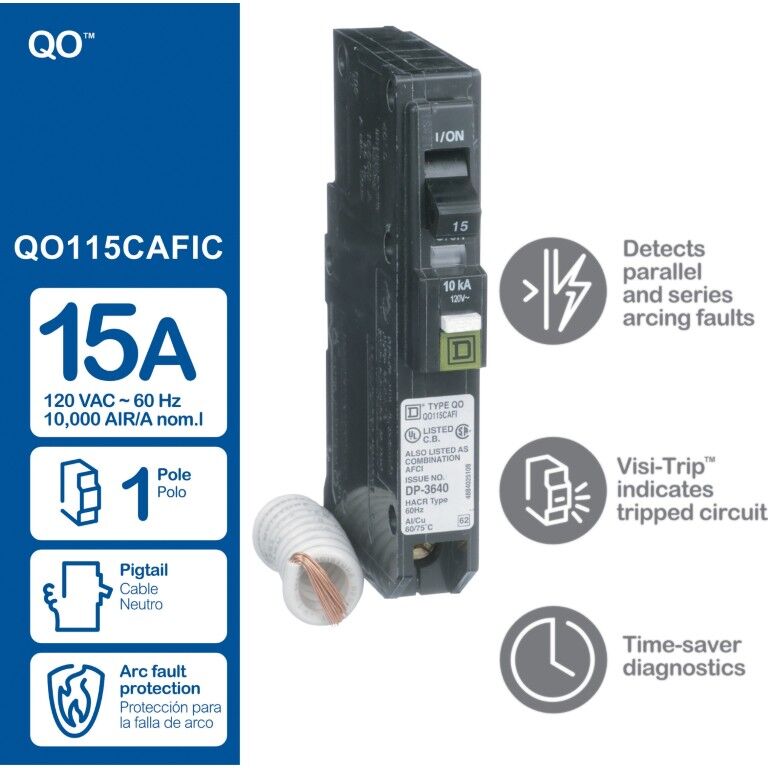 Square D QO Combination ARC-Fault 1-Pole Mini Circuit Breaker, 15-A, 120-V AC