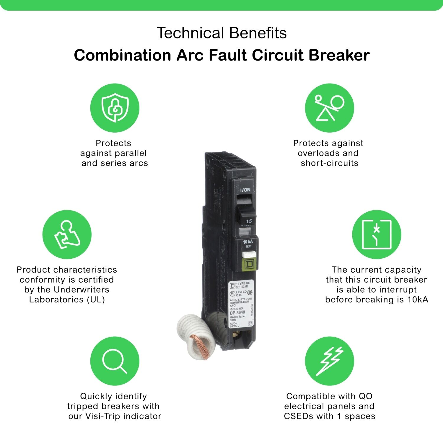 Square D QO Combination ARC-Fault 1-Pole Mini Circuit Breaker, 15-A, 120-V AC