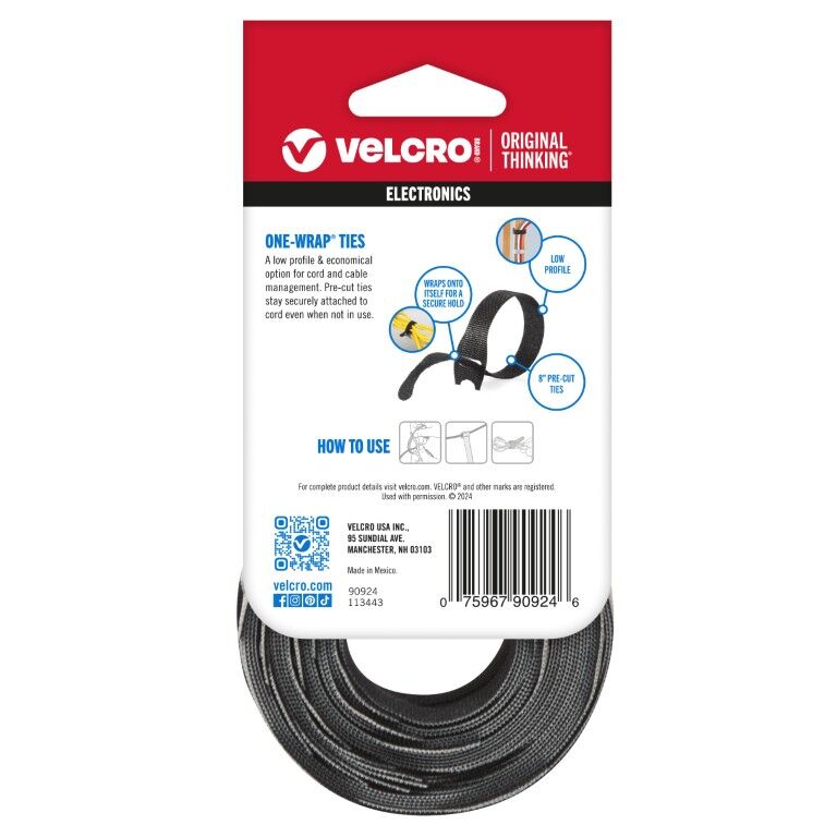 Velcro Brand Black & Gray One-Wrap Ties, 1/2-In x 8-In, 50-Pk