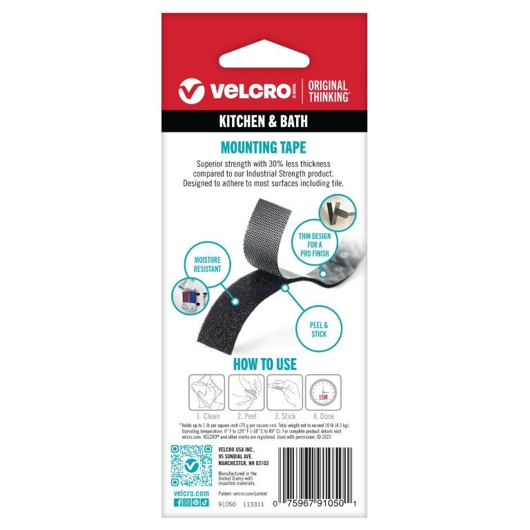 Velcro Brand Black Kitchen & Bath Mounting Tape, 1-In x 3-Ft