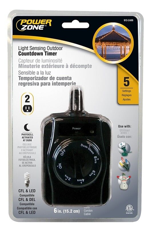 PowerZone 2-Outlet Light Sensing Outdoor Countdown Timer, 15-A, 125-V