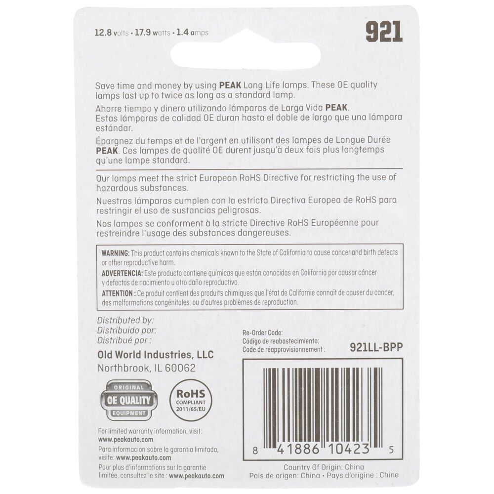 PEAK Long Life Automotive Miniature 921 Lights, 2-Pk
