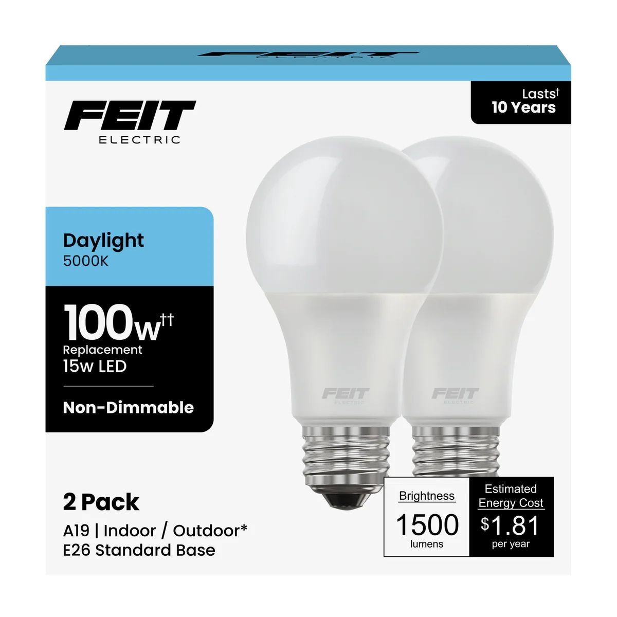Feit Electric 15W Daylight E26 Base A19 General Purpose LED Bulbs, 2-Pk