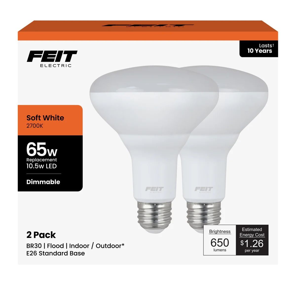 Feit Electric 65W Replacement Soft White BR30 Dimmable Reflector LED Light Bulbs, 2-Pk