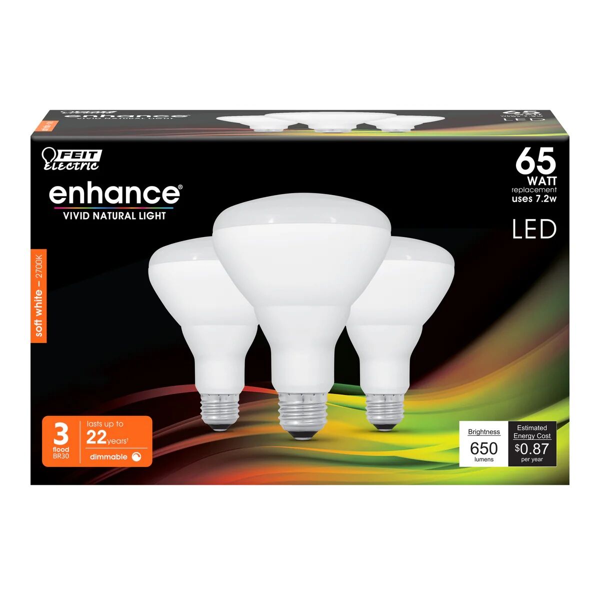 Feit Electric Soft White BR30 Dimmable Enhance Reflect LED Light Bulb, 65-W, 3-Pk