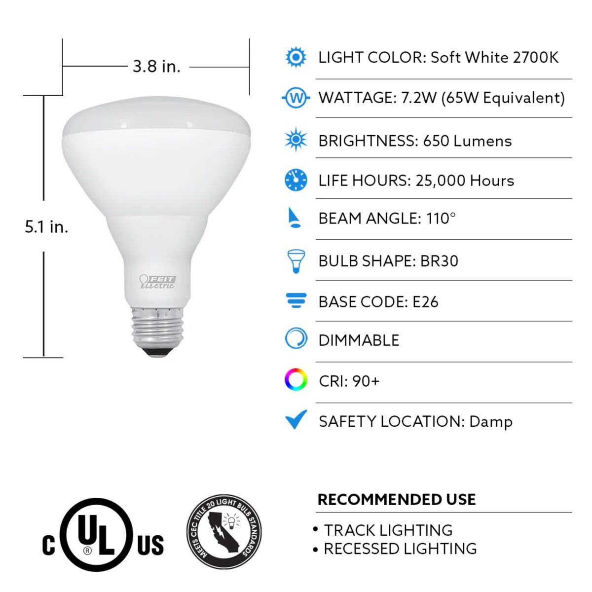 Feit Electric Soft White BR30 Dimmable Enhance Reflect LED Light Bulb, 65-W, 3-Pk