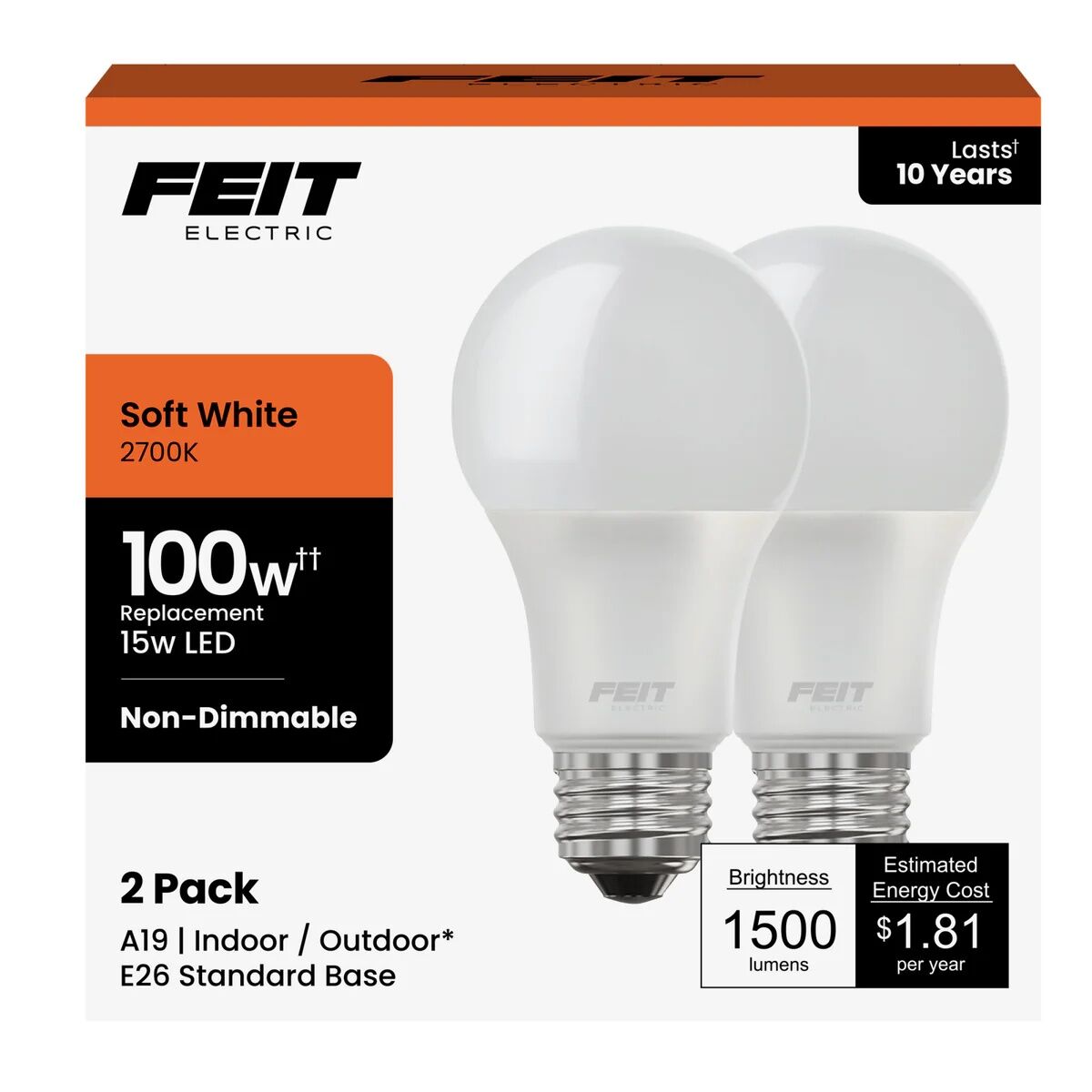 Feit Electric Soft White A19 General Purpose LED Light Bulb, 100-W, 2-Pk